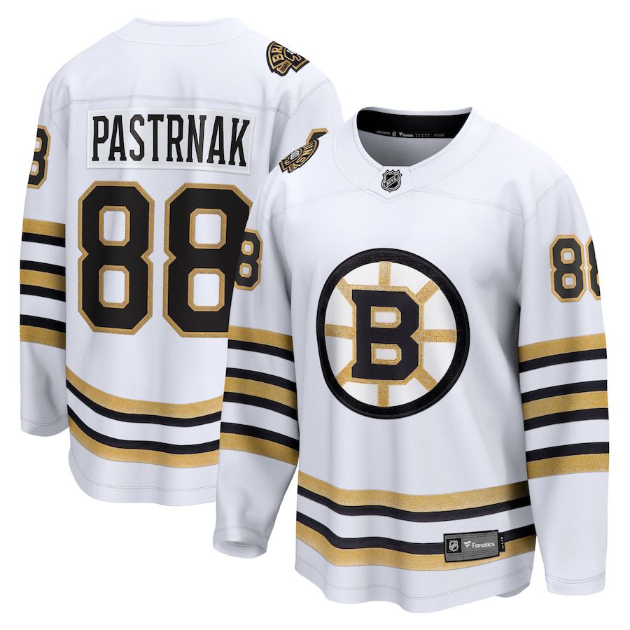 Men Boston Bruins 88 David Pastrnak Fanatics Branded White 100th Anniversary Premier Breakaway Player NHL Jersey